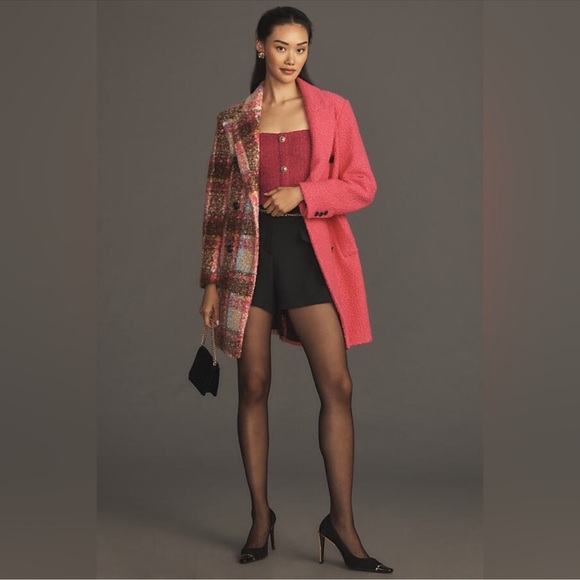 NVLT Boucle Anthropologie Pink Colorblock Teddy Longline Plaid Coat Large - Picture 3 of 14